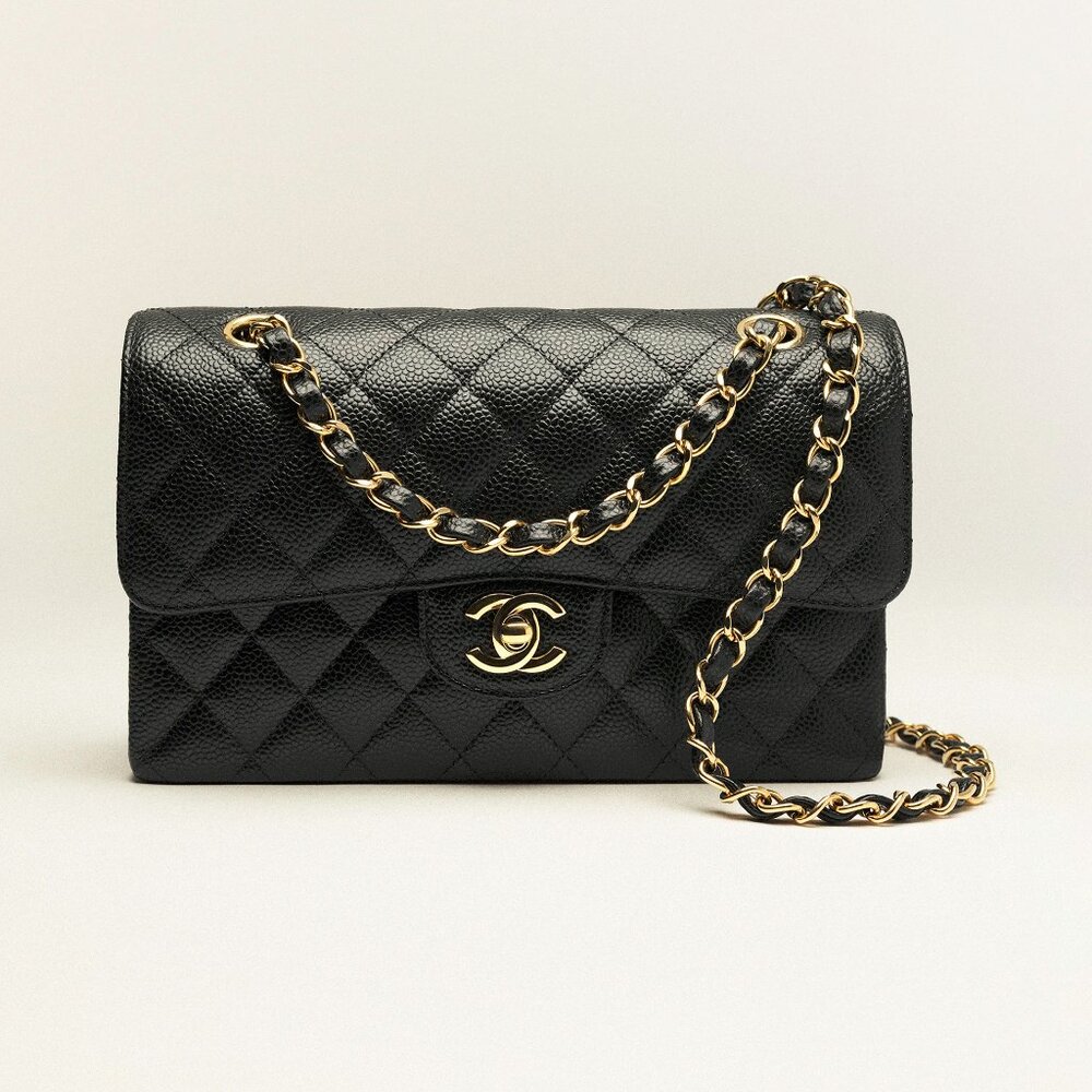 Chanel Small Classic Black Grained Calfskin & Gold-Tone Metal Handbag